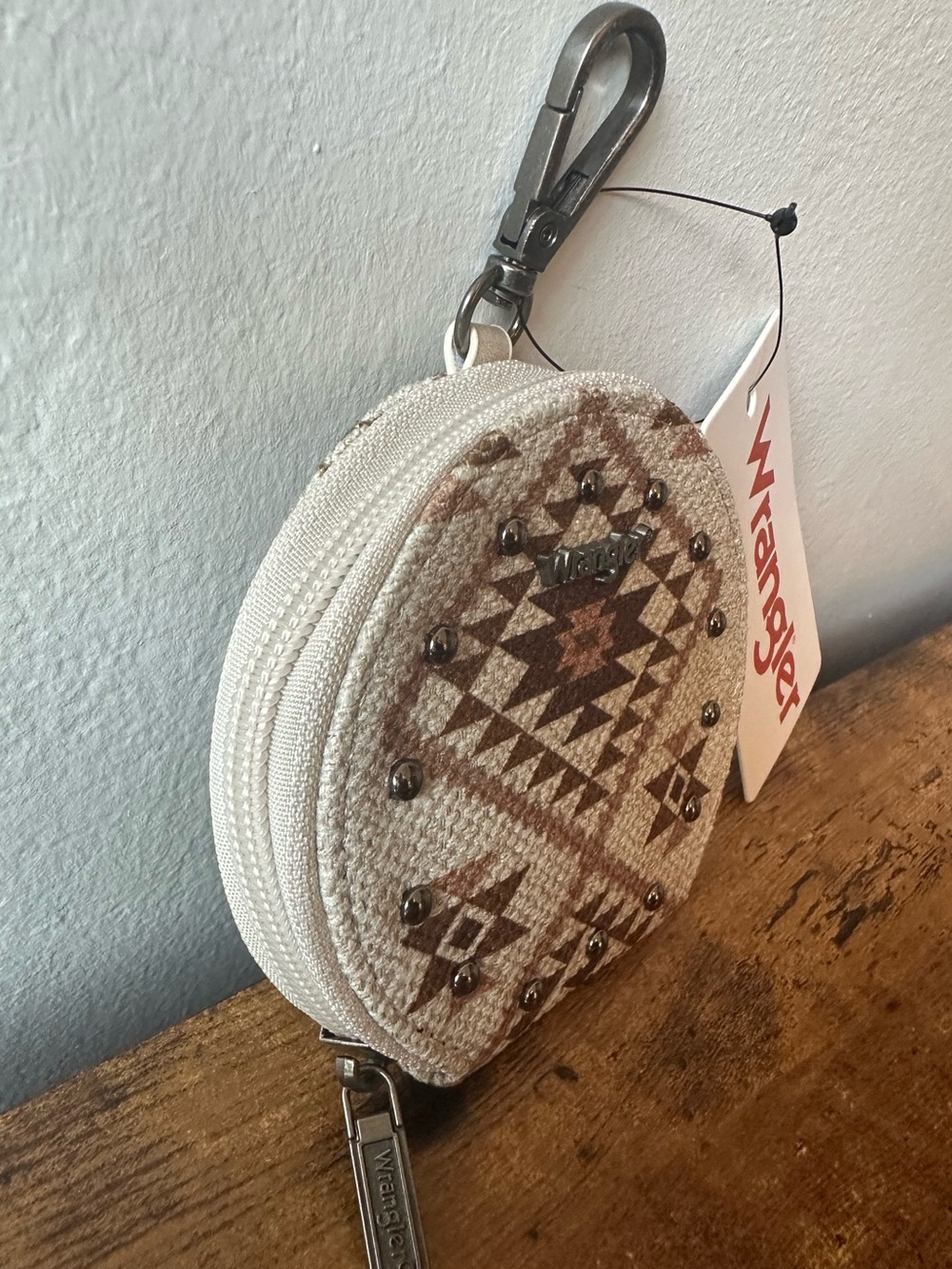 Wrangler Aztec Round Zip Pouch Keychain Bag Charm Beige & Brown w/ Silver Studs - Picture 3 of 5